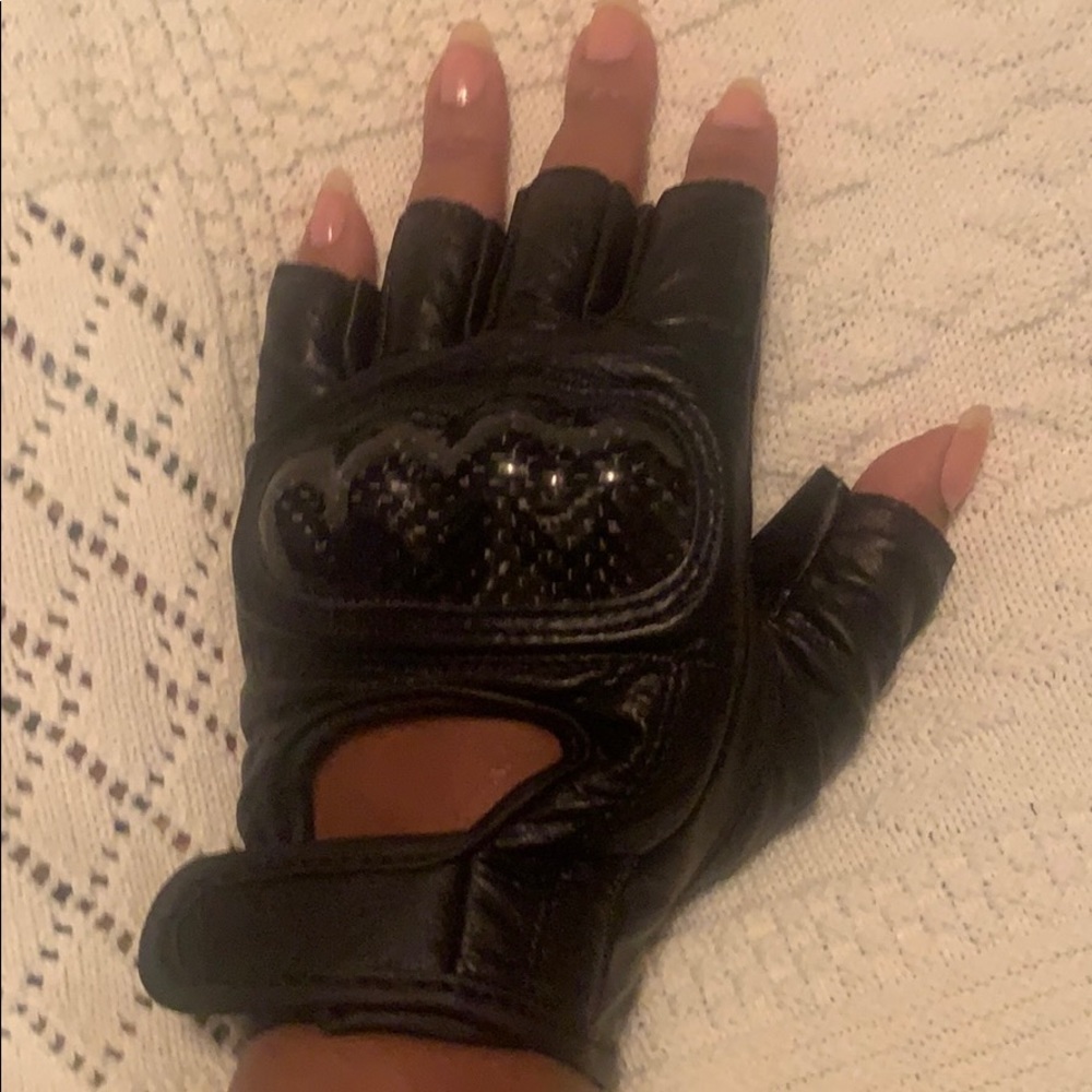 Black Genuine Leather Fingerless Knuckle Gloves for Bike & Weight Lifting